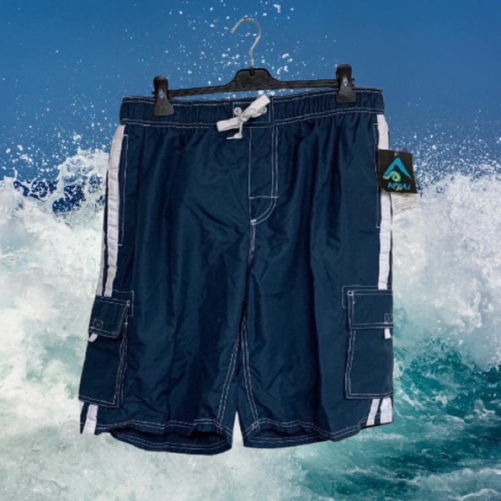 Men's Kanu Surf Co. Swim Trunks. Blue/White Stripe. Side Pockets. Size L NWT